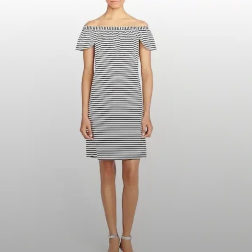 J.Crew 100% Cotton Stripe Off The Shoulder Flutter Sleeve Midi Dress Black White